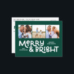 Modern minimal typography 3 photo Christmas fun  H Holiday Postcard<br><div class="desc">All may not be calm but all can still be bright with this fun modern colourful Christmas card. With space for 3 square photographs,  available in a selection of colours.</div>