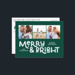 Modern minimal typography 3 photo Christmas fun  H Holiday Postcard<br><div class="desc">All may not be calm but all can still be bright with this fun modern colourful Christmas card. With space for 3 square photographs,  available in a selection of colours.</div>