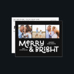 Modern minimal typography 3 photo Christmas fun Holiday Postcard<br><div class="desc">All may not be calm but all can still be bright with this fun modern colourful Christmas card. With space for 3 square photographs,  available in a selection of colours.</div>