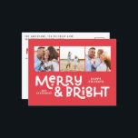 Modern minimal typography 3 photo Christmas fun  Holiday Postcard<br><div class="desc">All may not be calm but all can still be bright with this fun modern colourful Christmas card. With space for 3 square photographs,  available in a selection of colours.</div>