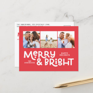 Modern minimal typography 3 photo Christmas fun  Holiday Postcard