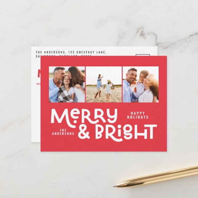 Modern minimal typography 3 photo Christmas fun  Holiday Postcard (Front/Back In Situ)