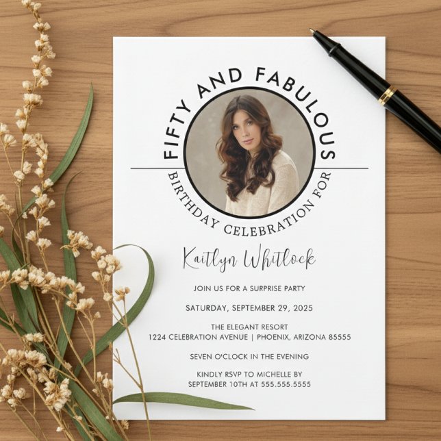 Modern Minimal Typography 50 and Fabulous Birthday Invitation (please remove the background and create a mockup of this flat 5x7 invitation laying natural wood)
