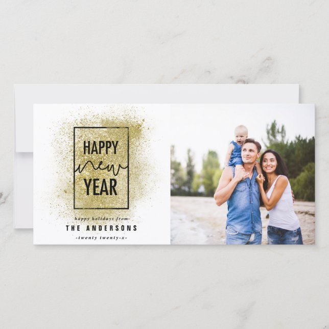 Modern minimal typography gold glitter new years holiday card (Front)