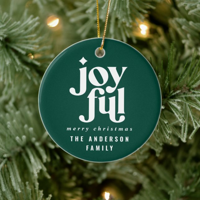 modern minimal typography joyful holiday Christmas Ceramic Ornament (Tree)