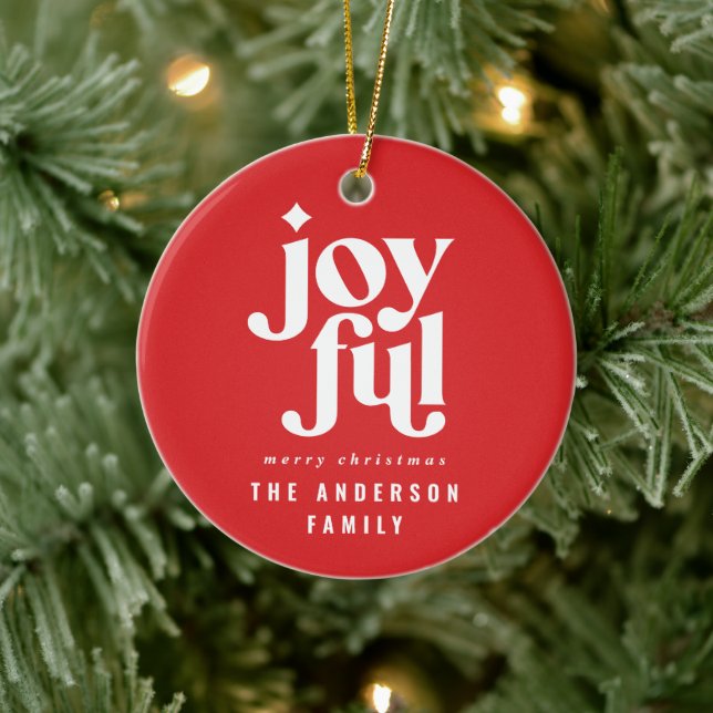 modern minimal typography joyful holiday Christmas Ceramic Ornament (Tree)