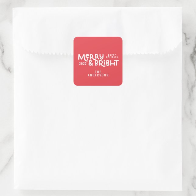 Modern minimal typography merry and bright  square sticker (Bag)