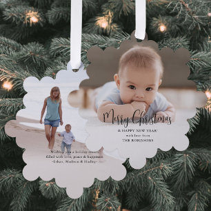 Modern Minimal Typography Merry Christmas 2 Photo Ornament Card