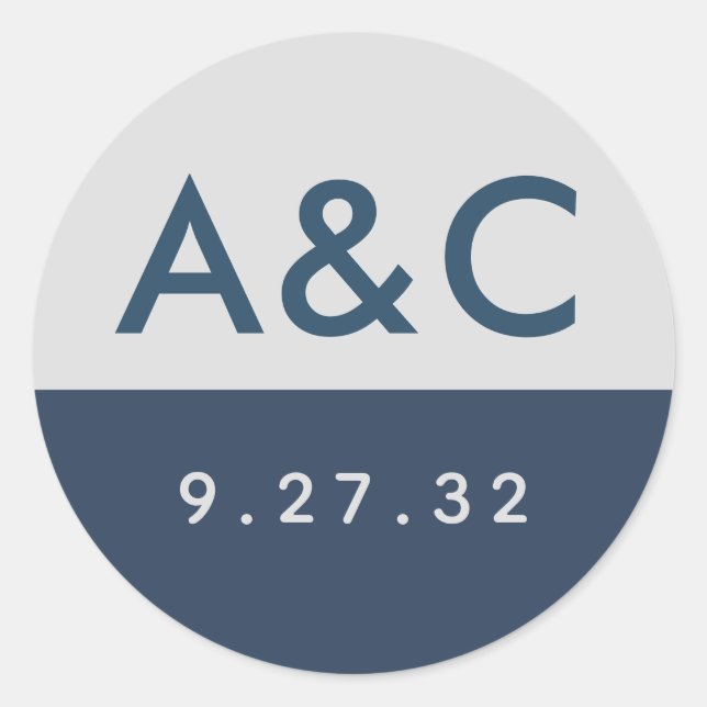 Modern Minimal Typography Navy Blue Grey Initials  Classic Round Sticker (Front)