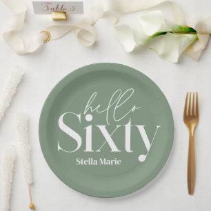 Modern minimal typography sage green 60th birthday paper plate
