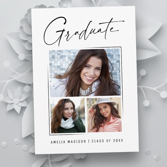 Modern Minimal Unique Ink Script Graduate 3 Photo Announcement (Creator Uploaded)