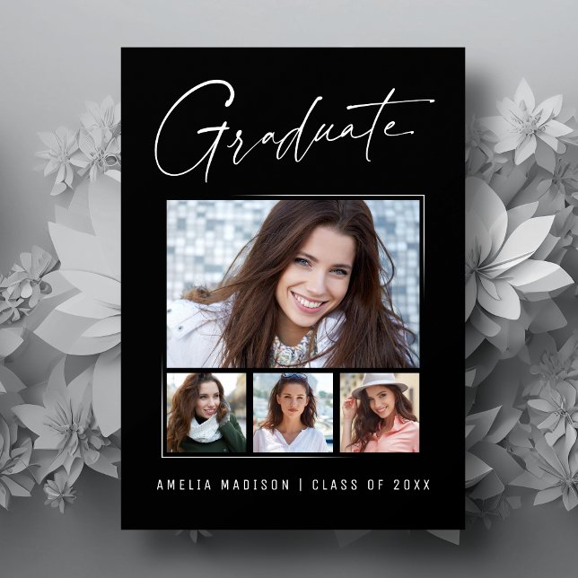 Modern Minimal Unique Ink Script Graduate 4 Photo Announcement (Creator Uploaded)