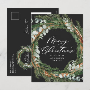 Modern minimal watercolor foliage black Christmas Holiday Postcard
