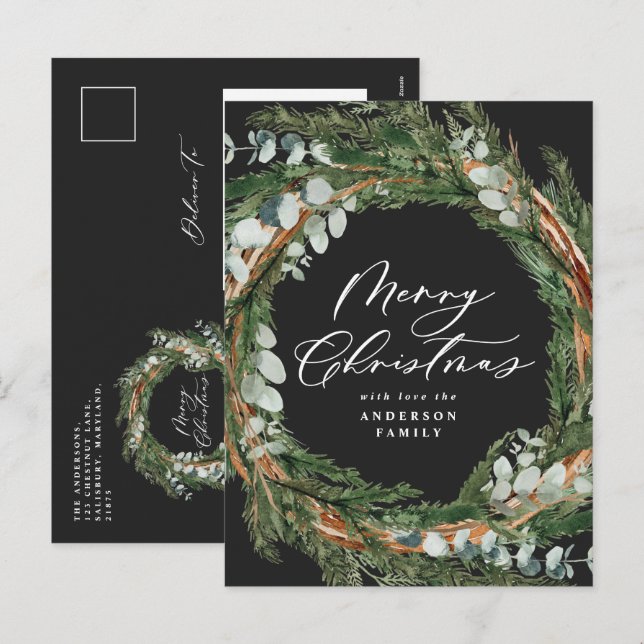 Modern minimal watercolor foliage black Christmas Holiday Postcard (Front/Back)