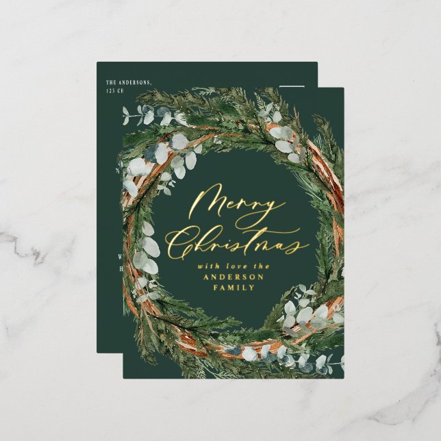 Modern minimal watercolor foliage green Christmas Foil Holiday Postcard (Front/Back)