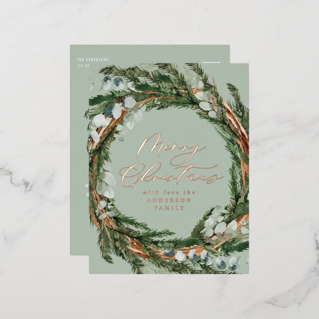 Modern minimal watercolor foliage sage Christmas Foil Holiday Postcard (Front/Back)