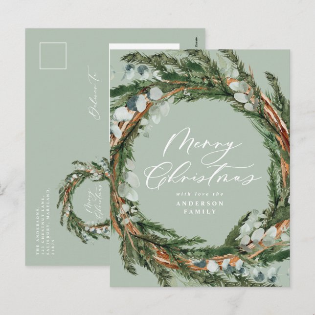 Modern minimal watercolor foliage sage Christmas Holiday Postcard (Front/Back)