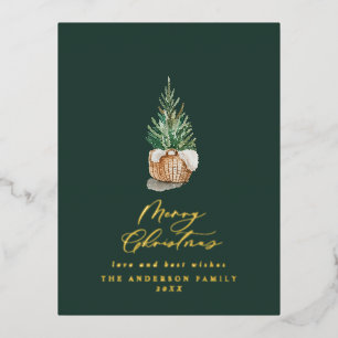 Modern minimal watercolor green Christmas tree Foil Holiday Postcard