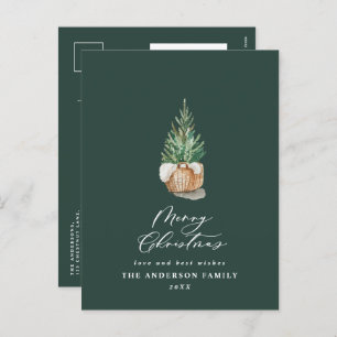 Modern minimal watercolor green Christmas tree Holiday Postcard