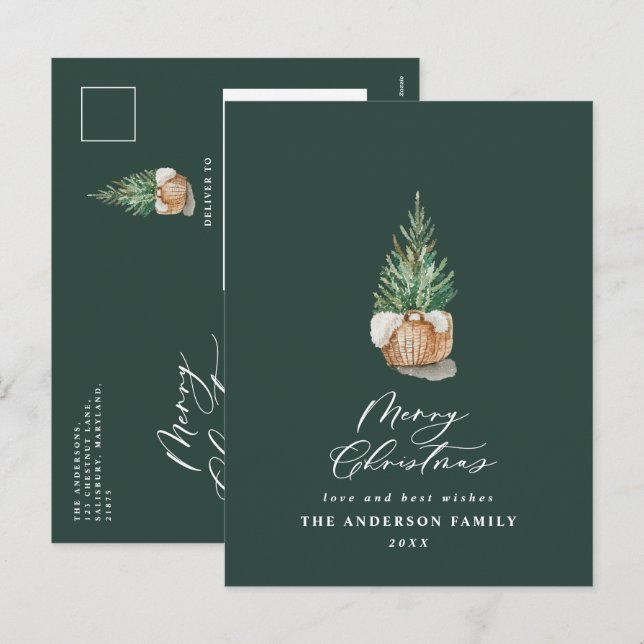 Modern minimal watercolor green Christmas tree Holiday Postcard (Front/Back)