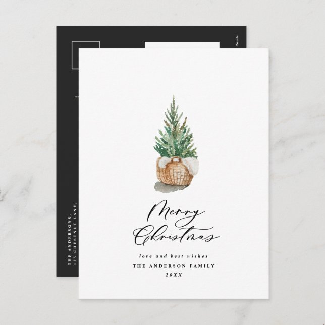 Modern minimal watercolor merry Christmas tree Holiday Postcard (Front/Back)