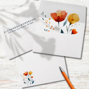 Modern Minimal Watercolor Orange Wildflowers Envelope