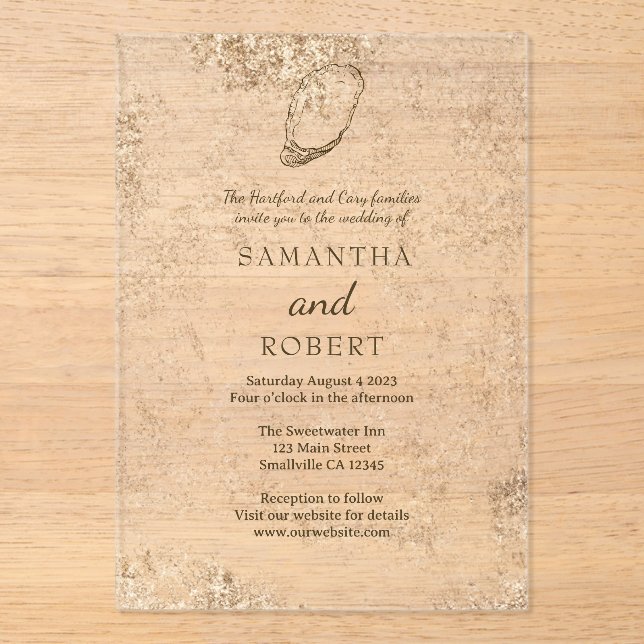 Modern Minimal Watercolor Oyster Beach Wedding Acrylic Invitations (Front)
