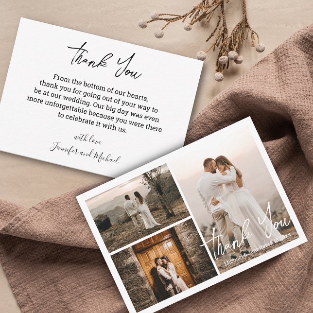 modern minimal wedding 3 photo collage thank you card (Creator Uploaded)