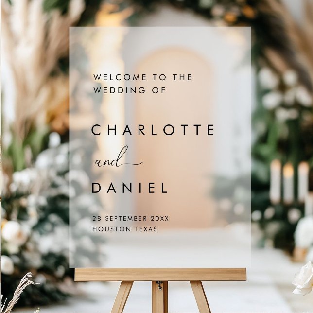 Modern, minimal Wedding Acrylic Sign (Modern, minimal, white, transparent, Wedding Acrylic Sign with your names and date.)