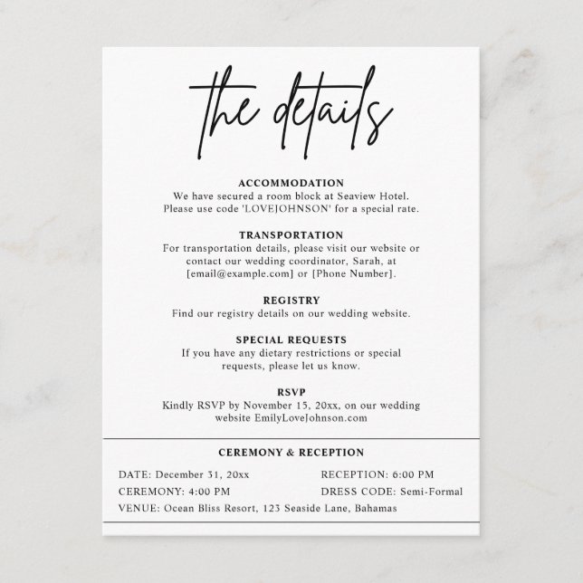 Modern Minimal Wedding Details Enclosure Card (Front)