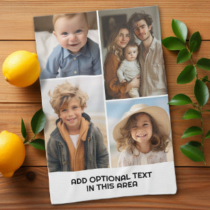 Modern Minimal White 4 Photo Collage - Chunky Text Kitchen Towel