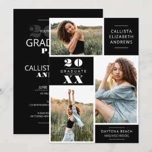 Modern Minimal White Black Photo Grid Graduation Invitation