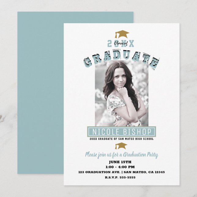 Modern Minimal White Blue Photo Graduation Party  Invitation (Front/Back)