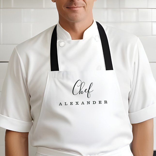 Modern Minimal White Chef Kitchen Custom Name Apron (Modern Minimal White Chef Kitchen Custom Name Apron)