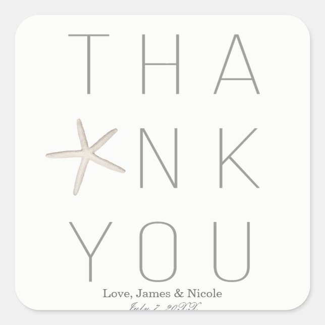 Modern Minimal White Grey Beach Wedding Thank You Square Sticker (Front)