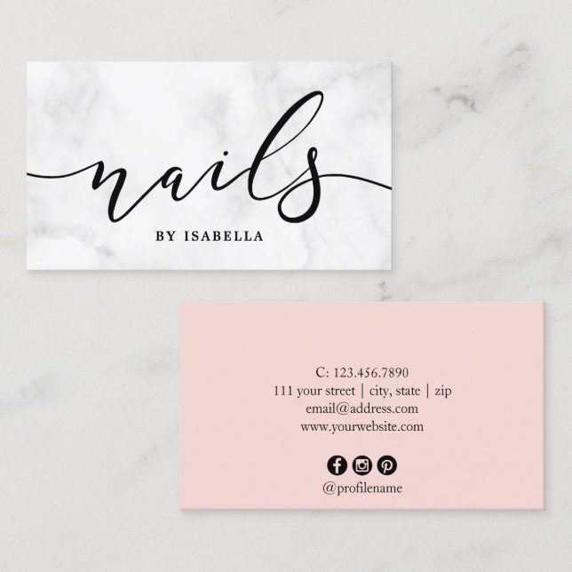 Modern minimal white marble & blush pink nails business card (Front/Back)