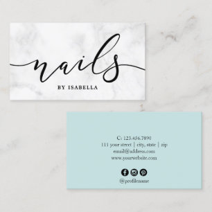 Modern minimal white marble & mint nails business card