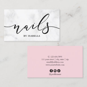 Modern minimal white marble & pink nails business card