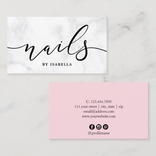 Modern minimal white marble & pink nails business card (Front/Back)