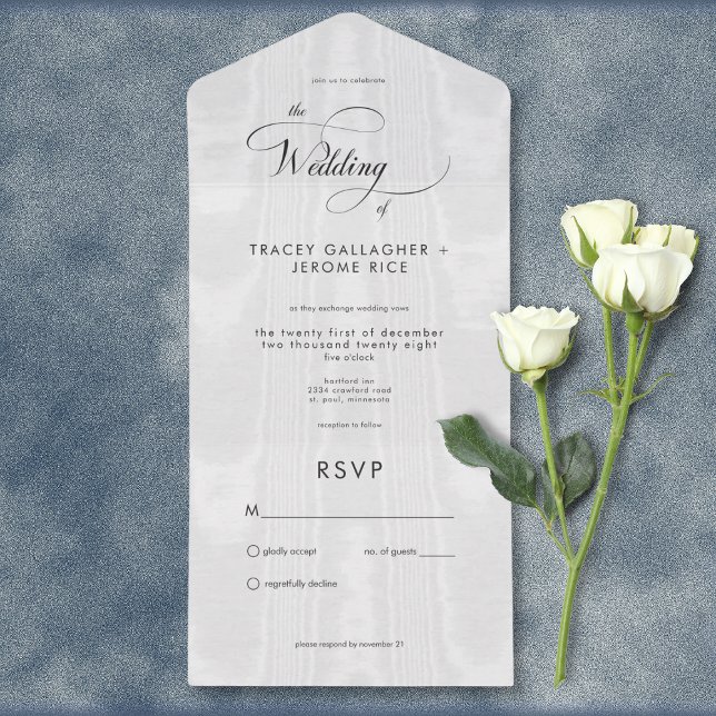 Modern Minimal White Satin Taffeta No Dinner All In One Invitation (Modern Minimal White Satin Taffeta All In One Wedding Invitation without Dinner Options)