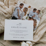Modern Minimal "With Gratitude" 3 Photo Wedding Thank You Card<br><div class="desc">Designed to match our Inline wedding invitations. A beautiful typography based flat thank you card design with a minimalist feel, featuring "with gratitude" in modern handwritten script and classic serif lettering. Personalize with your custom pre-printed message and signature, and add 3 photos (one vertical and two horizontal) to the back....</div>