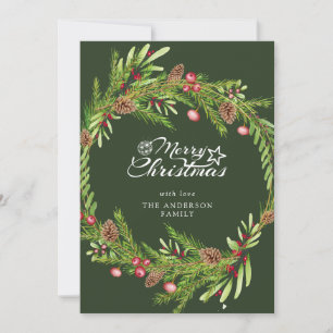 Modern Minimal wreath script Merry Christmas Holiday Card
