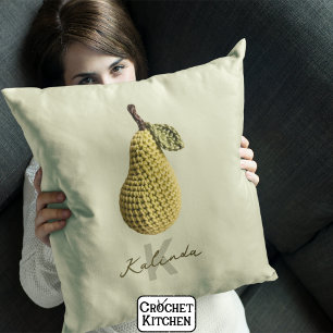 Modern Minimal Yellow Crochet Pear Monogram Name  Throw Pillow