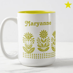 Modern Minimal Yellow Folk Art Flowers Custom Name Two-Tone Coffee Mug