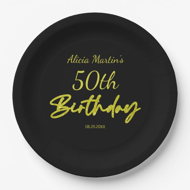 Modern & Minimal Yellow Typography Black Birthday Paper Plate (Front)