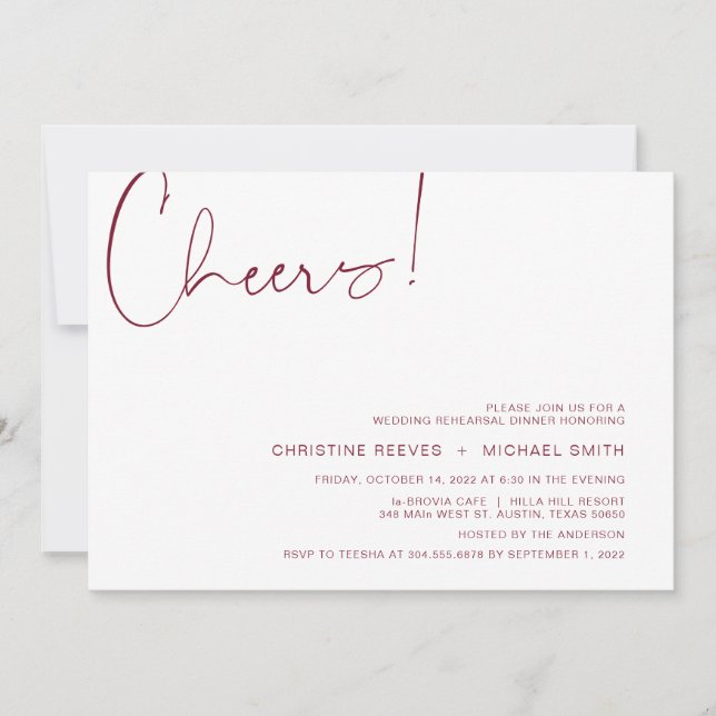 Modern Minimalism Burgundy Script Rehearsal Dinner Invitation (Front)