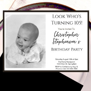 Modern Minimalist 105th Birthday Photo Invitation 