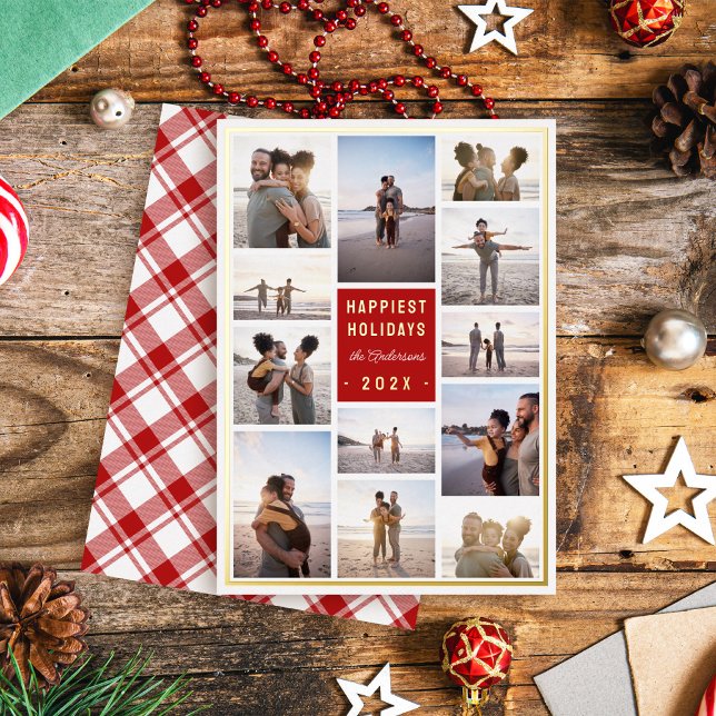Modern Minimalist 12 Photo Collage Christmas Foil Holiday Card (Creator Uploaded)