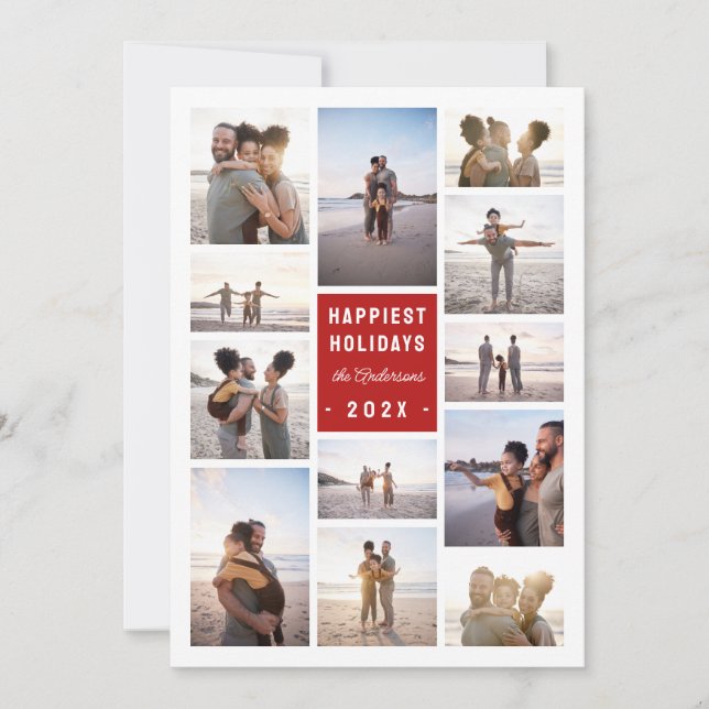 Modern Minimalist 12 Photo Collage Christmas Holiday Card (Front)