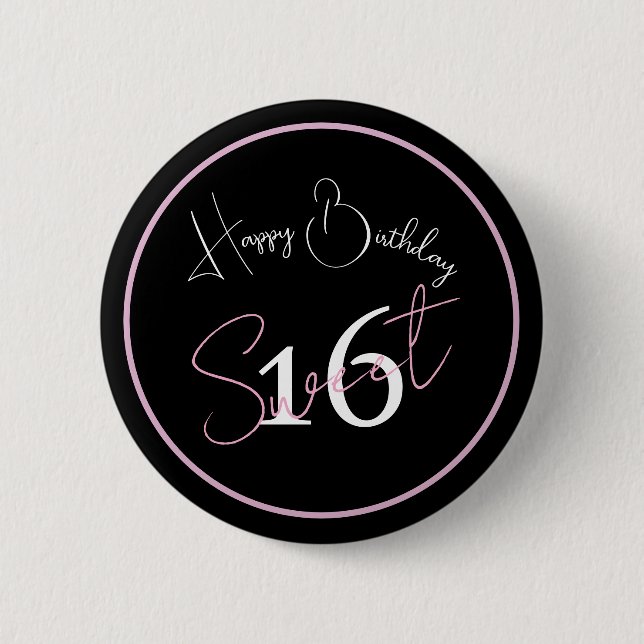 Modern Minimalist 16th Black Pink Birthday Button (Front)